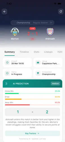 AI match prediction with win probability on Fankick Football