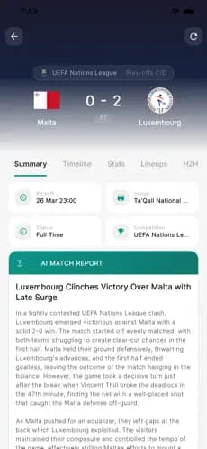 AI-generated match report with detailed analysis on Fankick Football