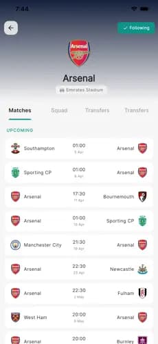 Arsenal team page showing upcoming fixtures on Fankick Football